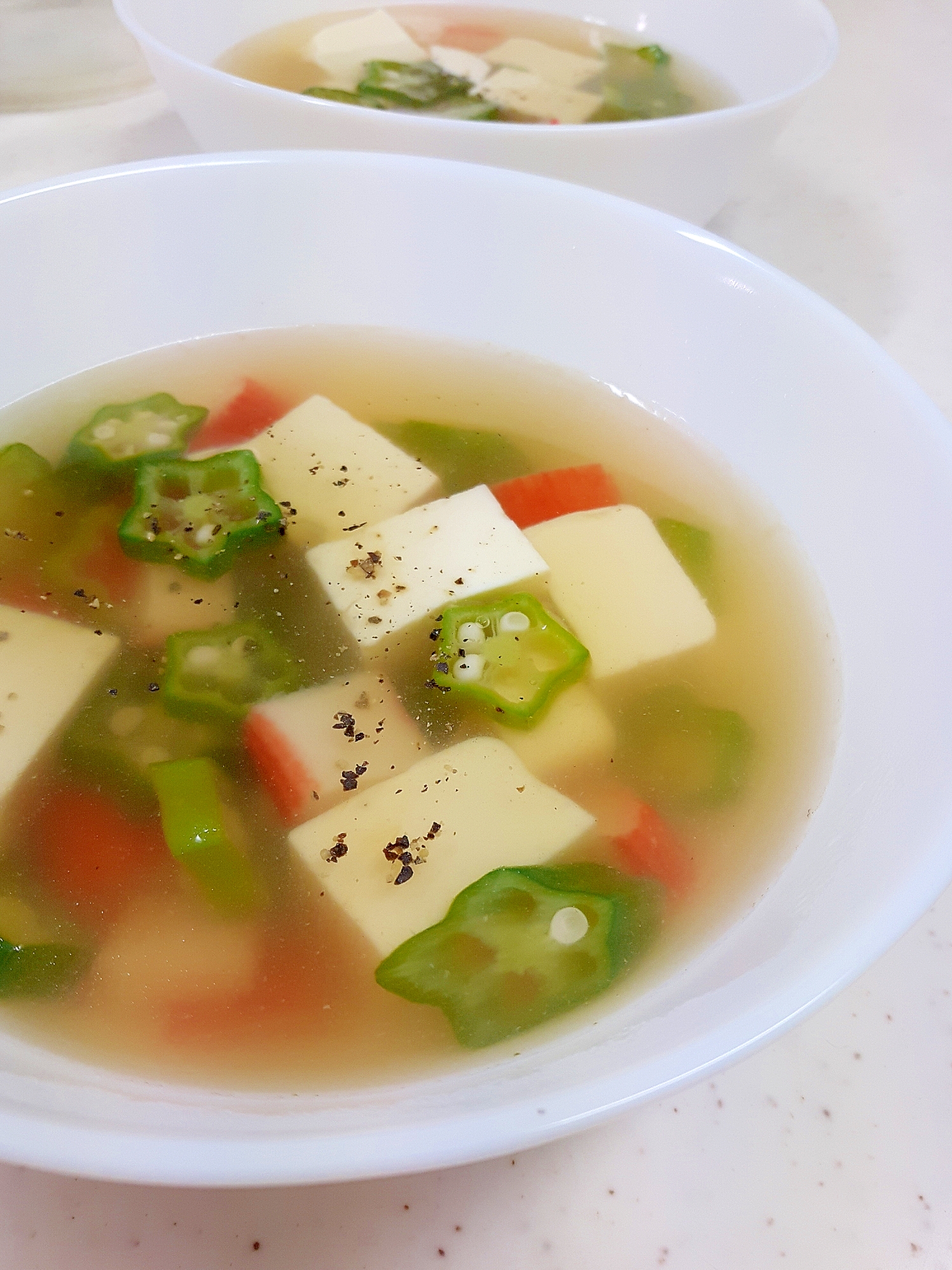 簡単！(^^)豆腐+カニかま+冷凍オクラのスープ♪