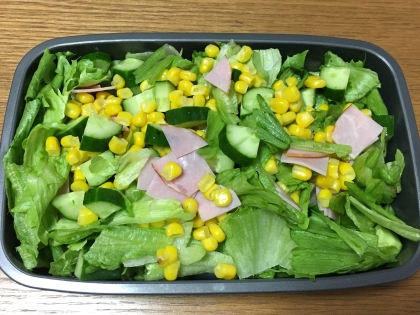 息子のお弁当に…(^○^)唐揚げ入りのおにぎりとサラダ弁当にしました♪お野菜たっぷりでコーンで鮮やかに…ごちそうさまでした。