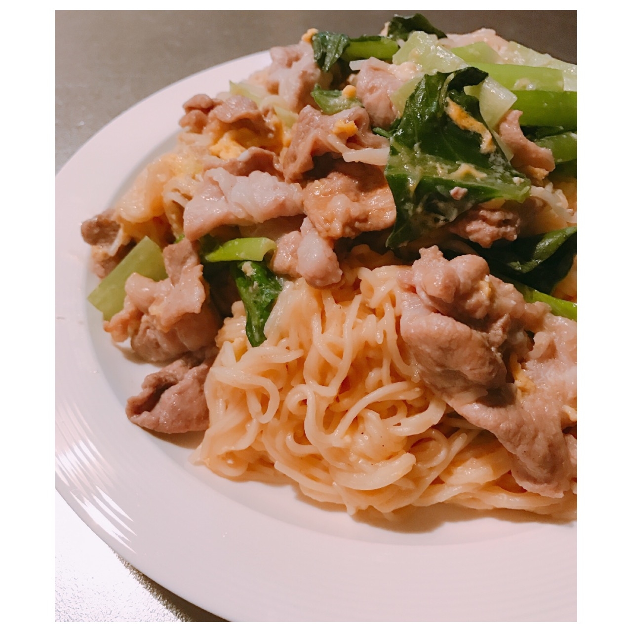 豚肉と小松菜のそうめんチャンプルー♪