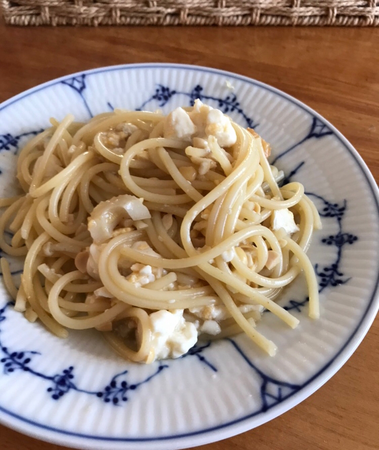 ちくわと豆腐、ひきわり納豆のパスタ