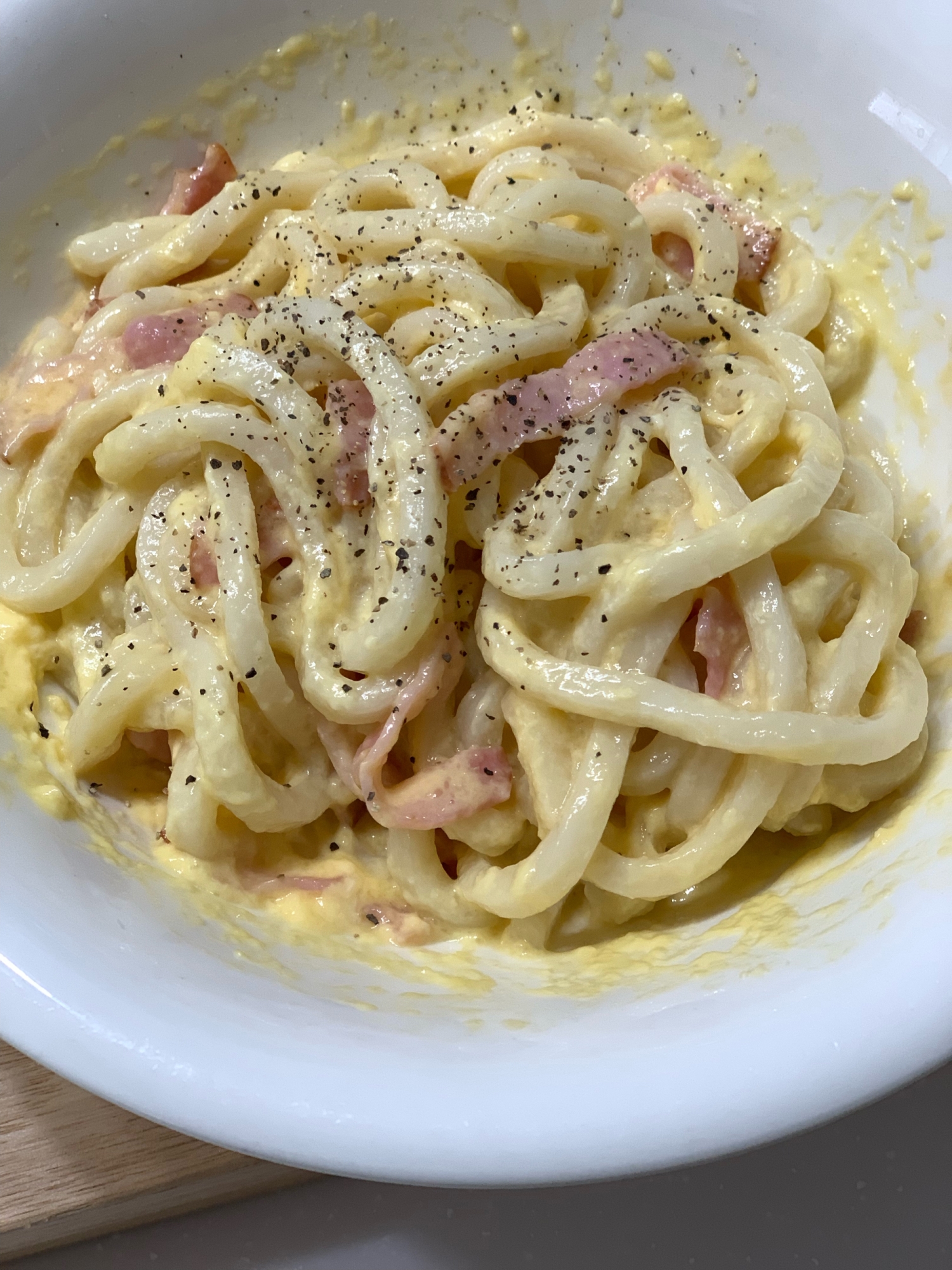 レンジで簡単 カルボナーラうどん