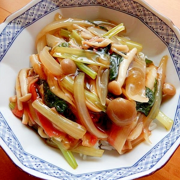 +蕎麦つゆで美味❤カニカマ&小松菜❤あんかけご飯♪