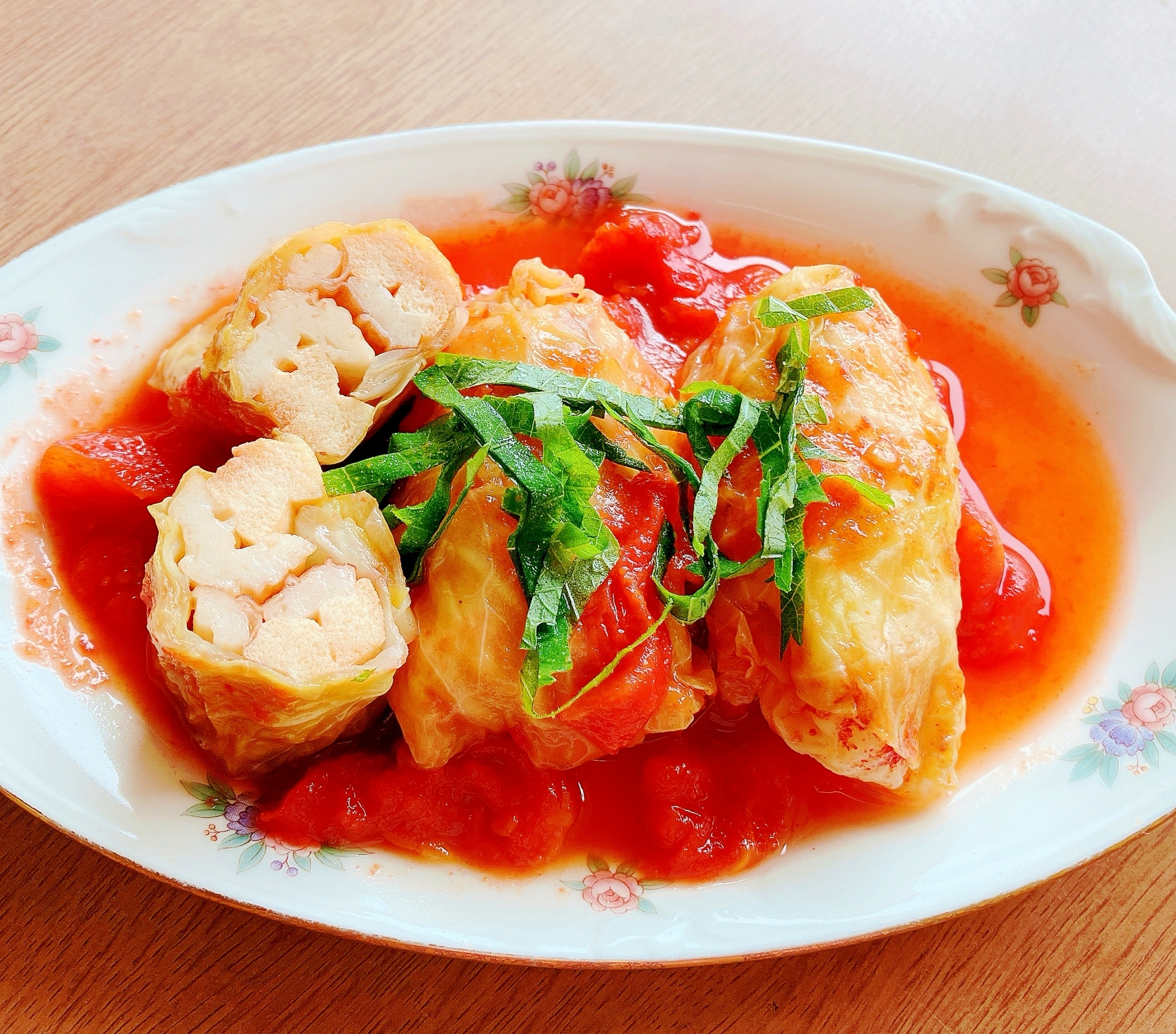 高野豆腐と竹輪の和風トマトロールキャベツ