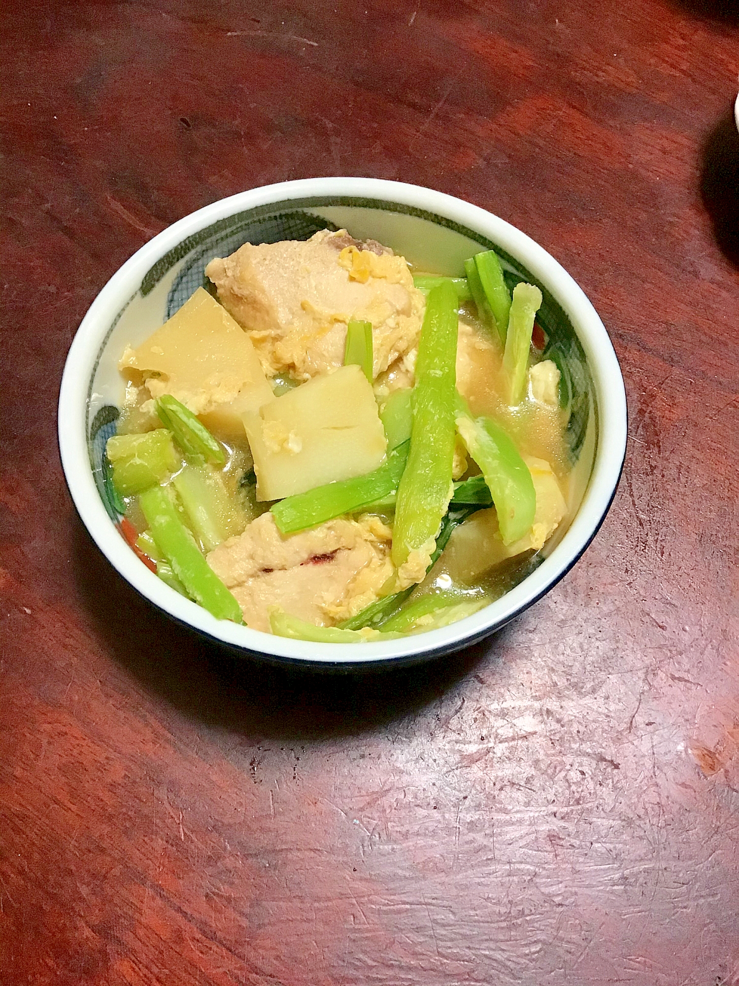 小松菜と鶏ムネと筍とかきたま煮。