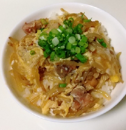 親子丼は玉ねぎのイメージが有りますが、もやしも美味しいですね♥️ボリュームたっぷりで大満足でした♪(*´∇｀)彩りに小ネギを散らしてみました♪