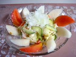 mimiさんポテトサラダ風で美味しかったですよ♪玉葱は健康に良いですね♪梨で代用しました。
