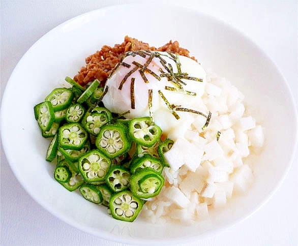 疲労回復ネバネバ丼　納豆オクラ長芋温泉卵