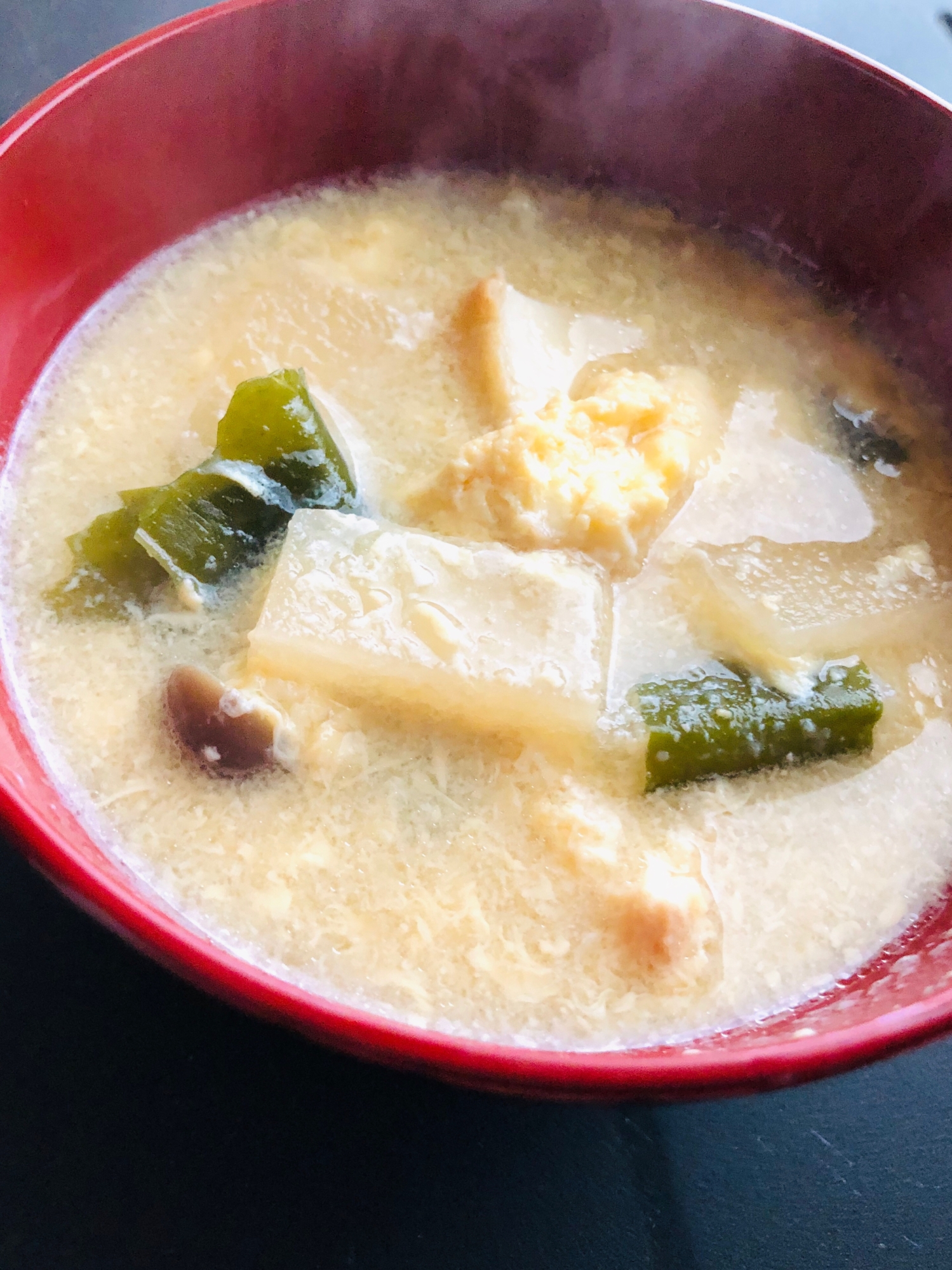 厚揚げと大根としめじの味噌汁！卵とじ