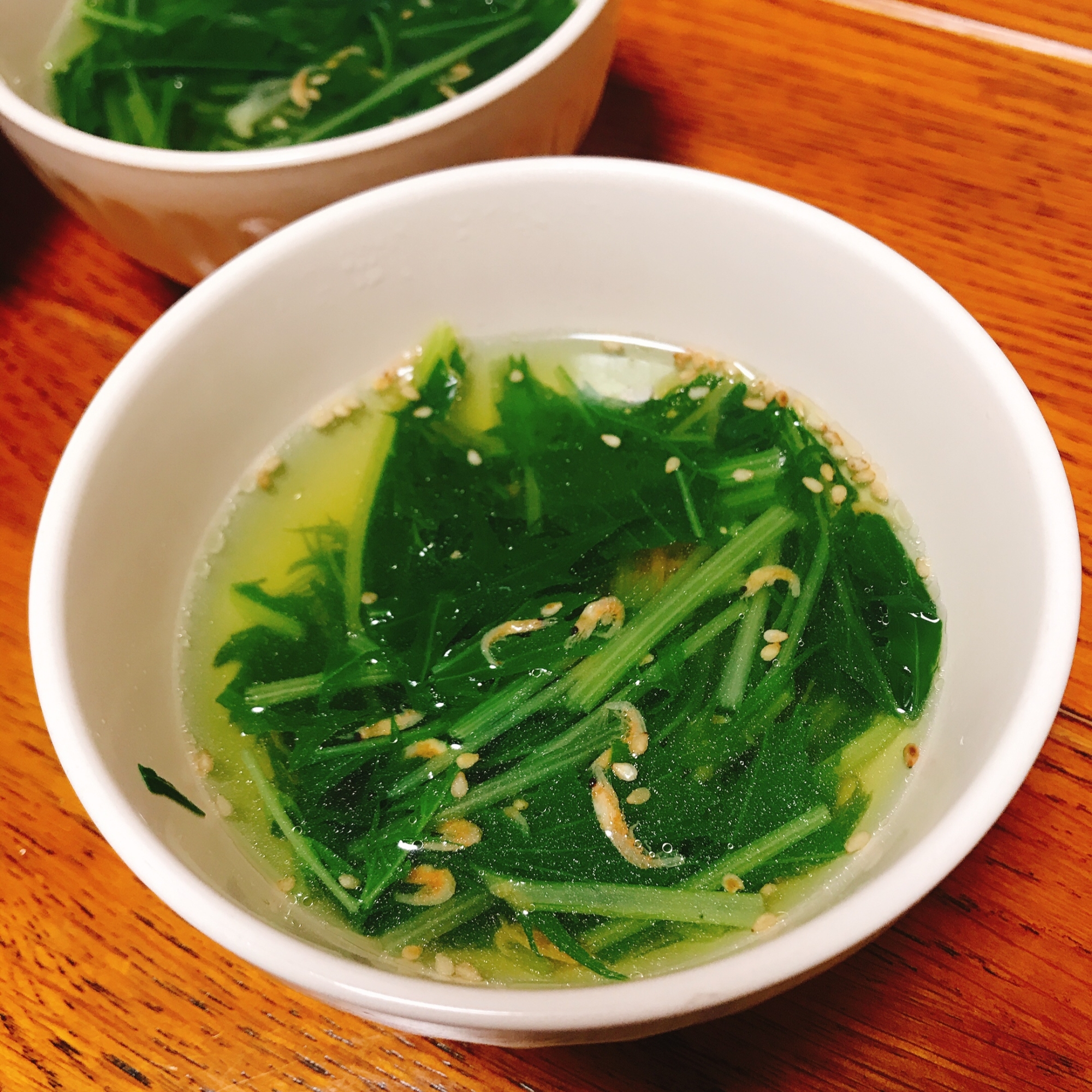 簡単！水菜の花エビ中華スープ