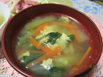 創味シャンタンで☆青梗菜と人参の中華スープ