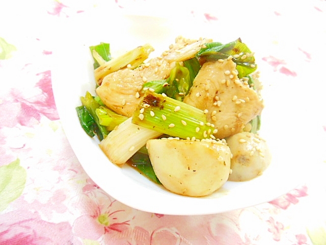 ❤長葱と里芋と鶏むね肉の味噌マヨ炒め❤