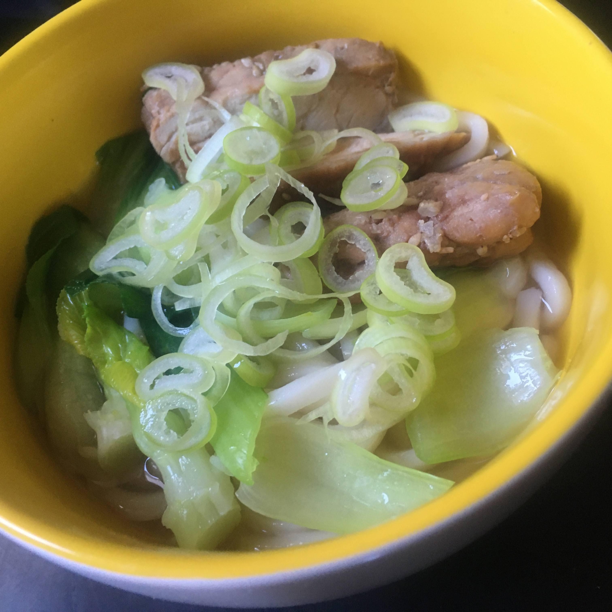 鶏の照り焼き、チンゲン菜、ねぎのかけうどん