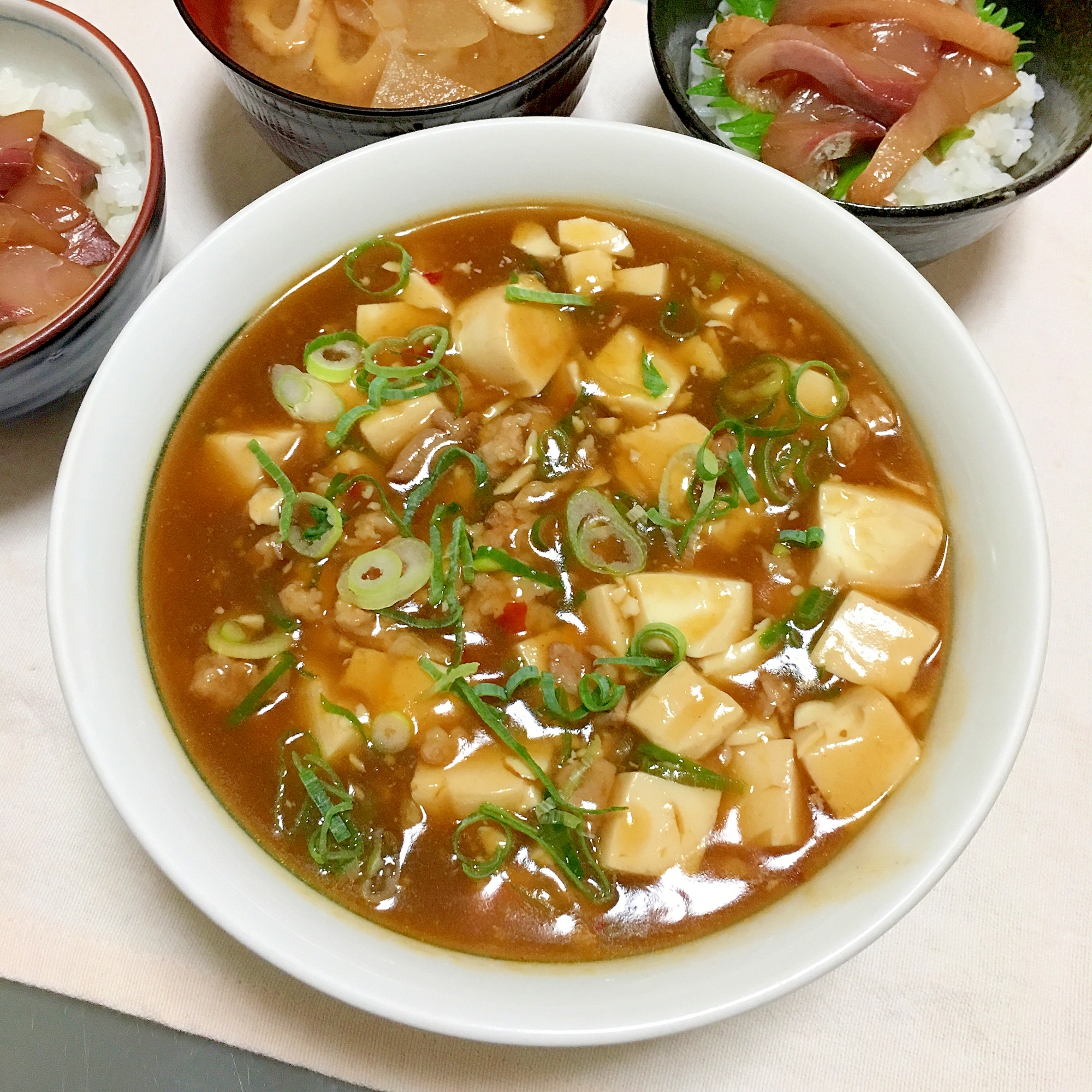 焼肉タレ消費！豚こまと刻みねぎで簡単麻婆豆腐♡