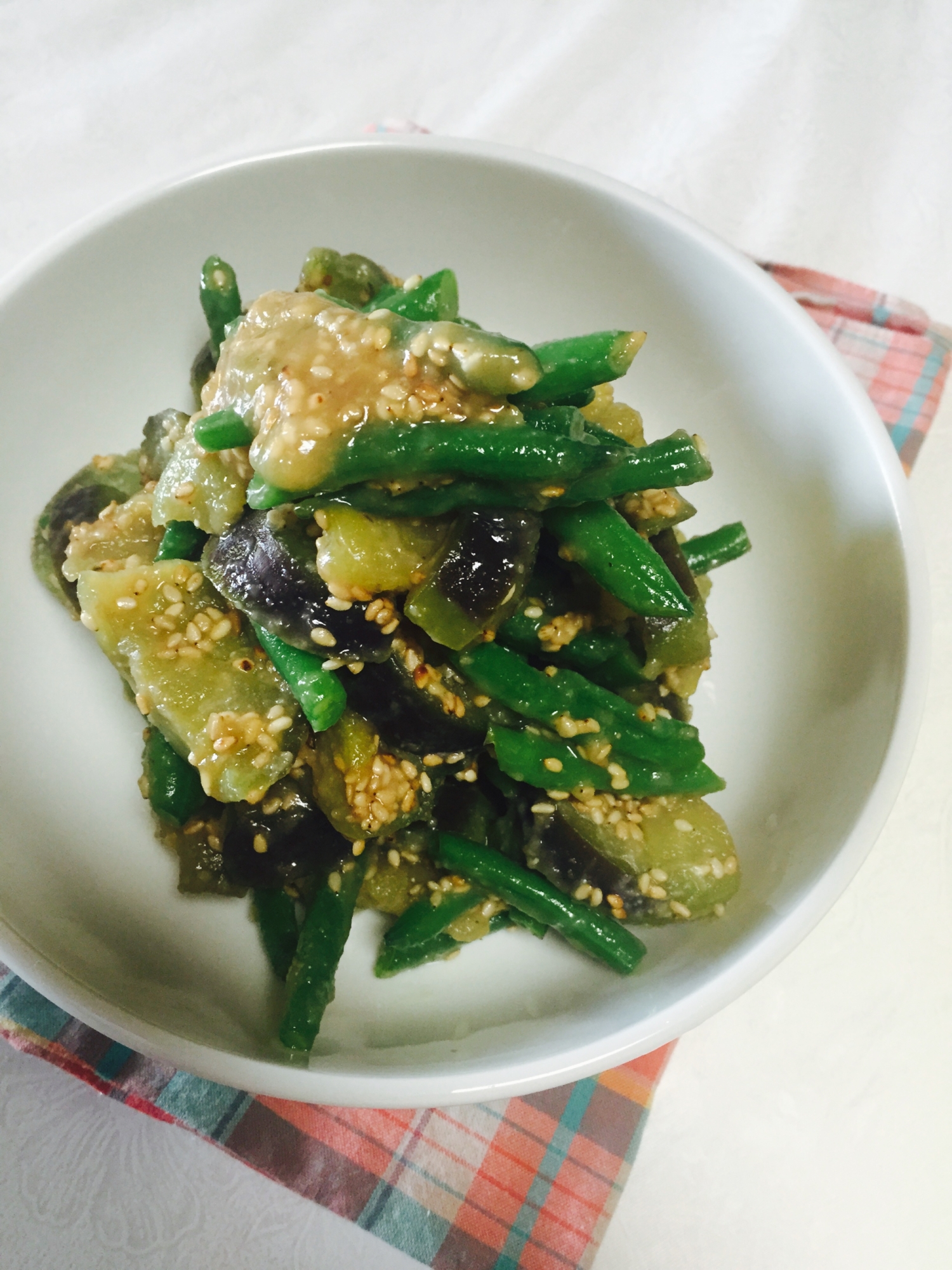 泉州特産の水ナスとインゲンのごま味噌和え