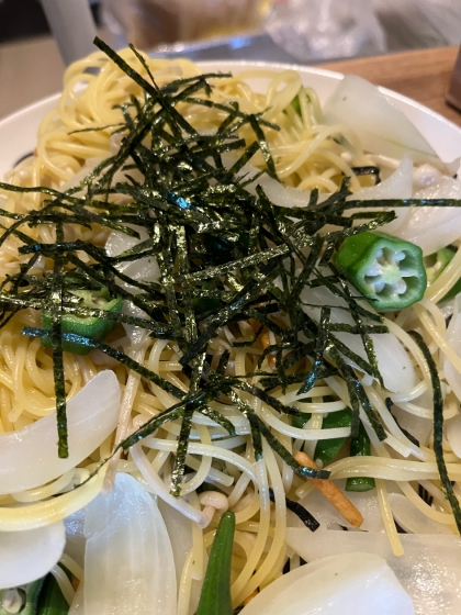 玉ねぎベーコンおくらの和風パスタ