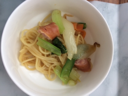 めんつゆで味付け☆きのこと小松菜の和風パスタ