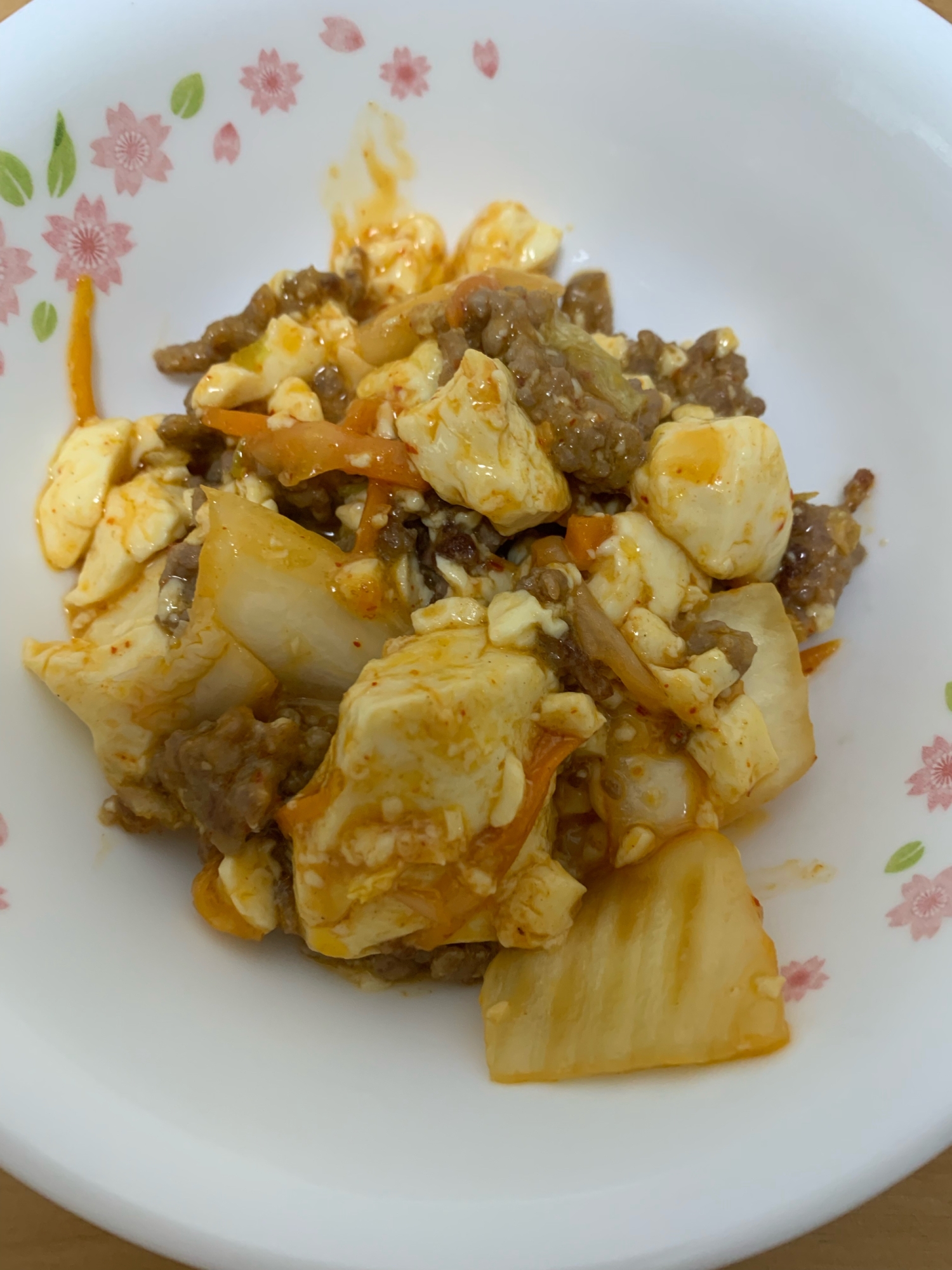 キムチとひき肉と豆腐の炒め物