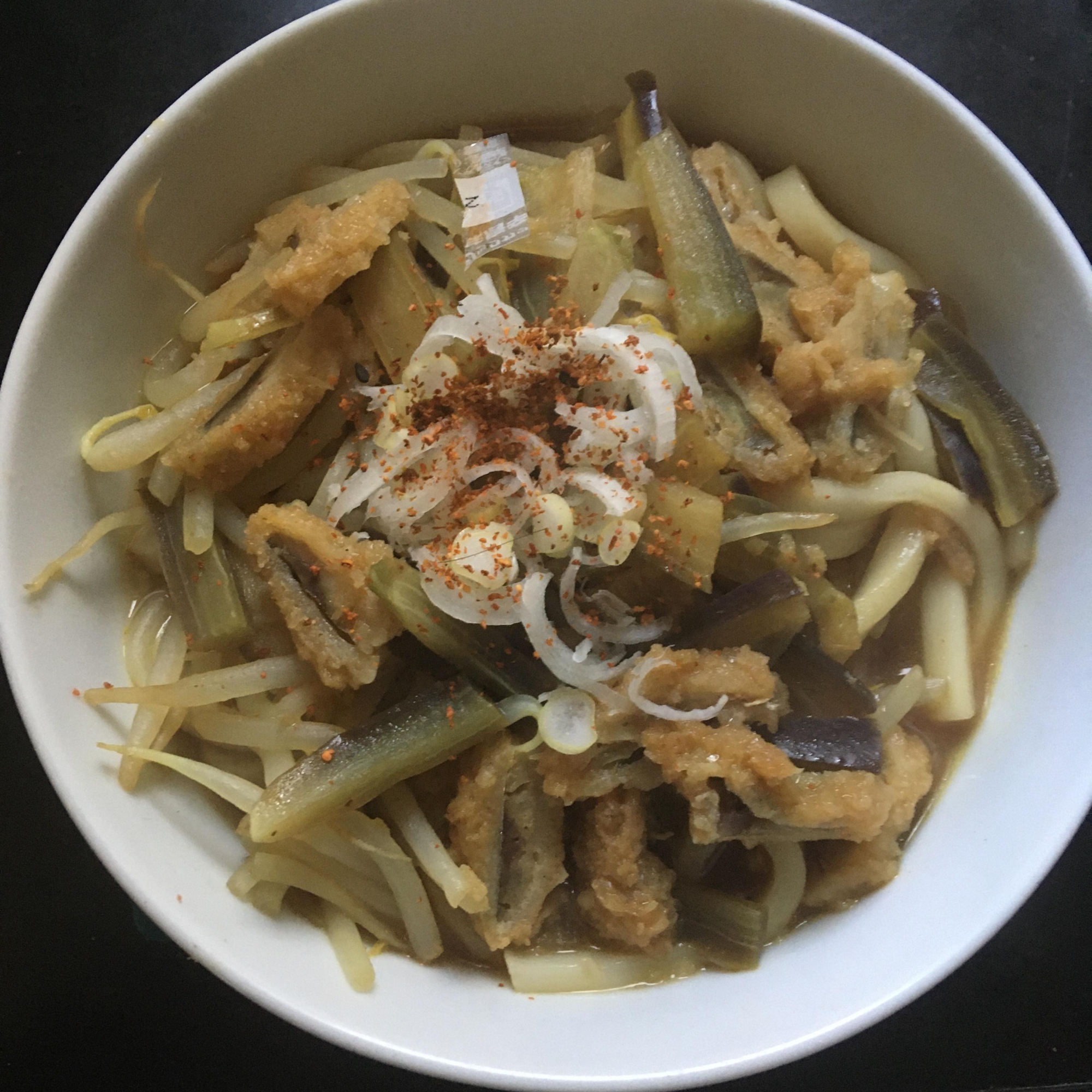 なす、もやし、ねぎ、アジフライカレーうどん