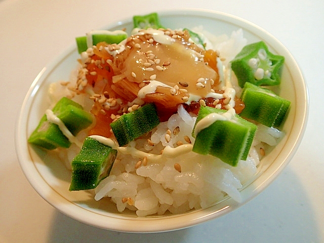 酢味噌/マヨで　オクラと福神漬けとなめたけのご飯