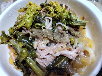 にんにくバターがいい♡豚肉と春菊の粒マスタード炒め