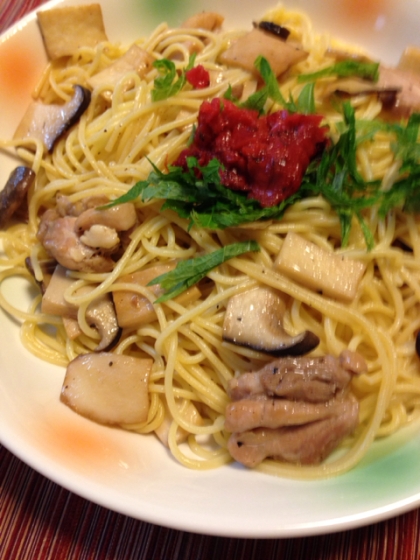 チキンときのこの梅しそパスタ レシピ 作り方 By みゆ090502 楽天レシピ
