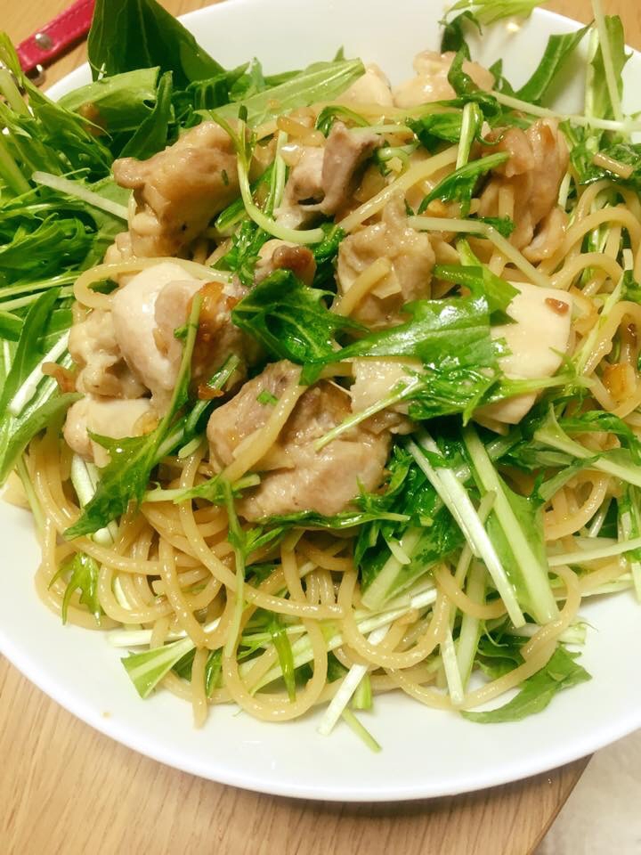 お箸で食べたい水菜のわさびマヨパスタ