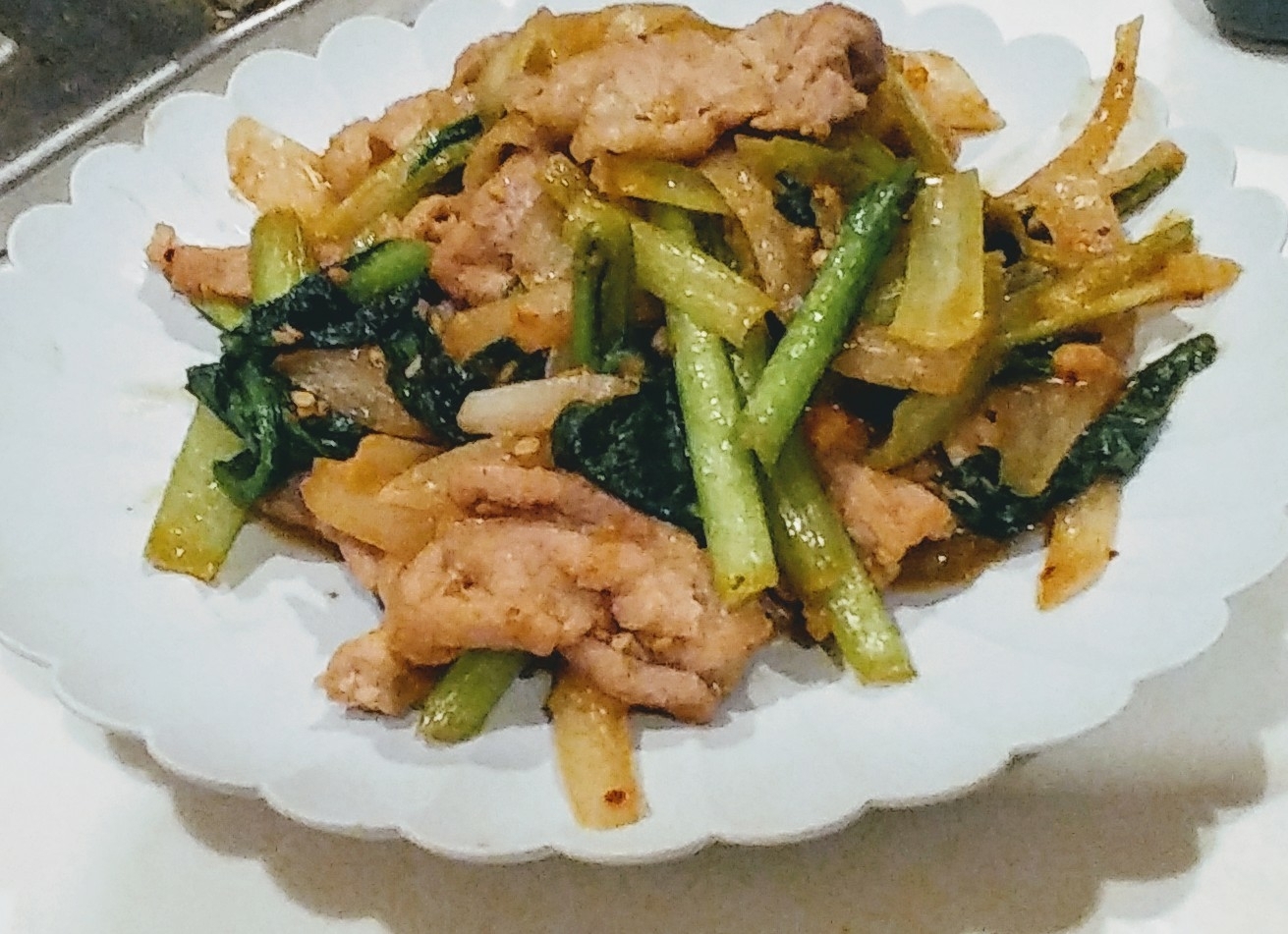 小松菜と豚肉のピリ辛炒め