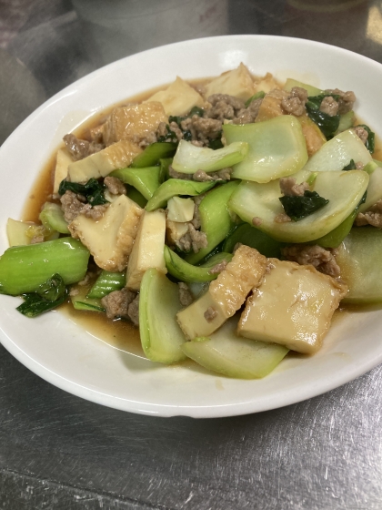 簡単(^^)厚揚げとチンゲン菜の挽肉あんかけ炒め♪
