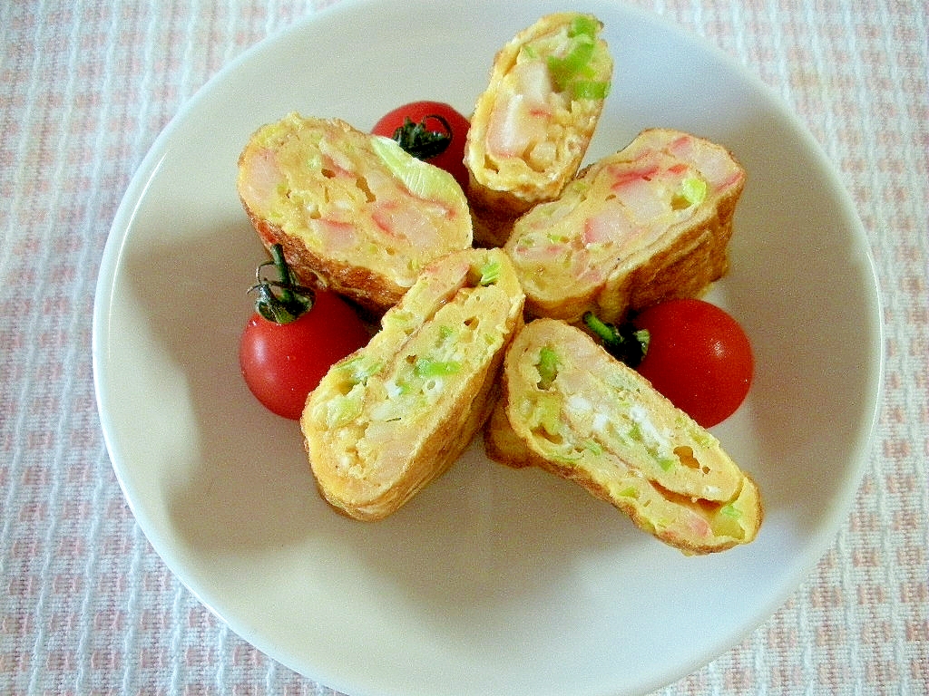 カニカマと長ねぎの塩麹キノコ卵焼き