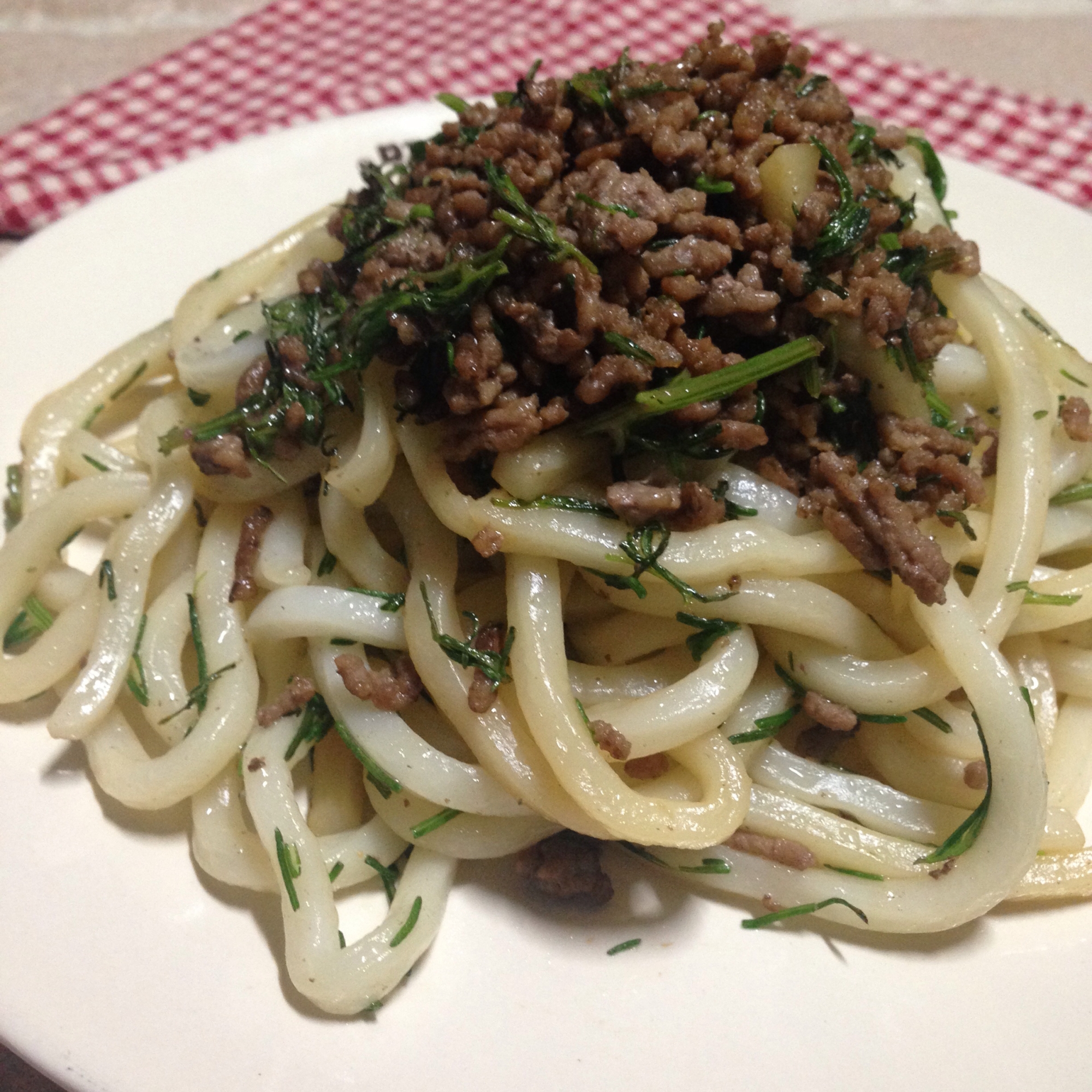 おかひじきとひき肉の焼うどん♪