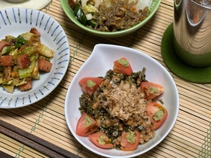 ごま油風味ᕷ˖山菜と塩昆布のアレンジ納豆ꕤ୭*