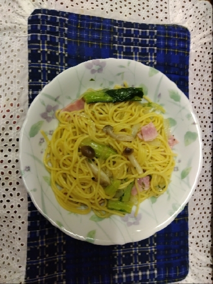 菜の花と白ブナピーの高菜漬けパスタ