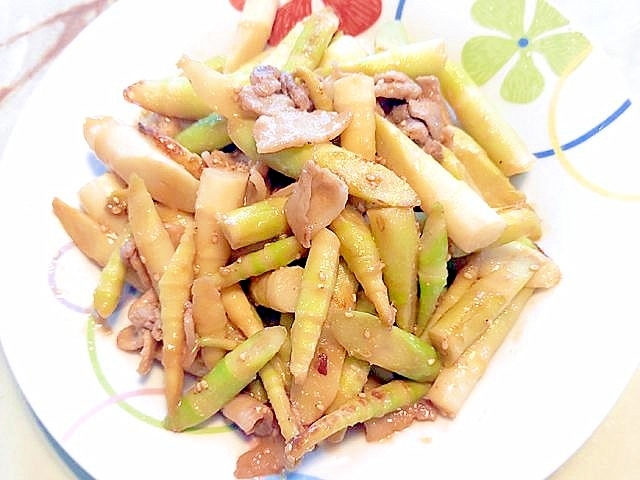 旬の山菜で!笹竹の水煮と豚バラの甘味噌炒め♪