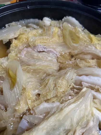 白菜と豚ロース肉にネギを入れました。追加は菊菜と白菜にネギ、足らなかったらもやしも入れて野菜モリモリ食べたいと思います♪