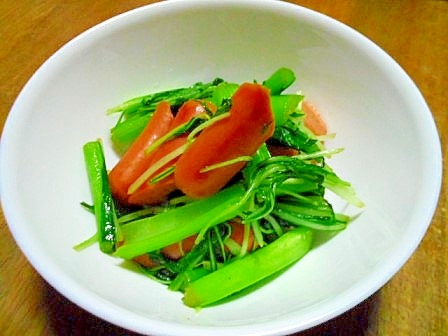 小松菜と水菜とウインナーの醤油炒め