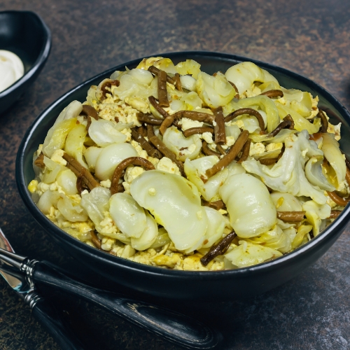 ゆり根ぜんまいキャベツ豆腐土佐ゆづ胡椒梅ポン酢炒め