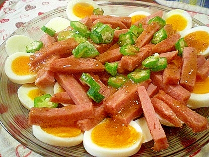 オクラ乗せ ゆで卵 スパムのサラダ レシピ 作り方 By ひろりん1106 楽天レシピ