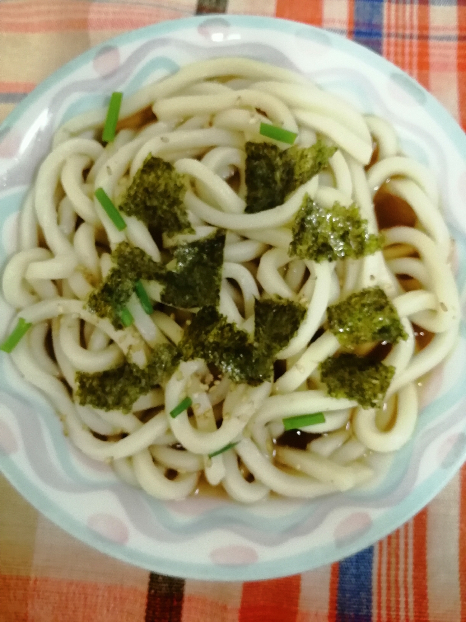 味付け海苔とネギとごまのうどん