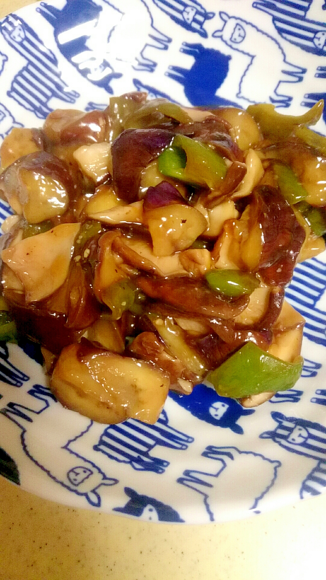 長茄子と生椎茸の甘酢炒め