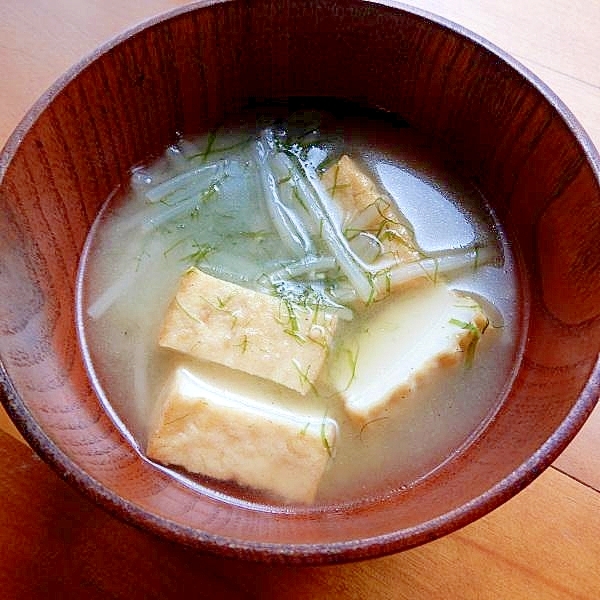 ５分！厚揚げ&もやし&青のり味噌汁♪