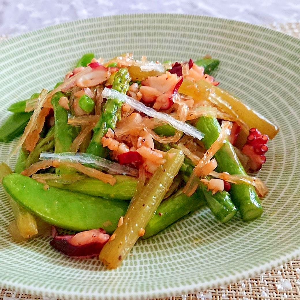 寒天屋さんの春野菜とタコのピリ辛炒め