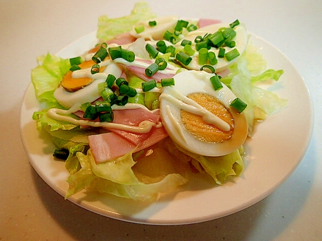 青ドレ/マヨで　レタスとハムとゆで卵のサラダ