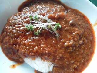 挽肉とひき割納豆カレーのカイワレ添え