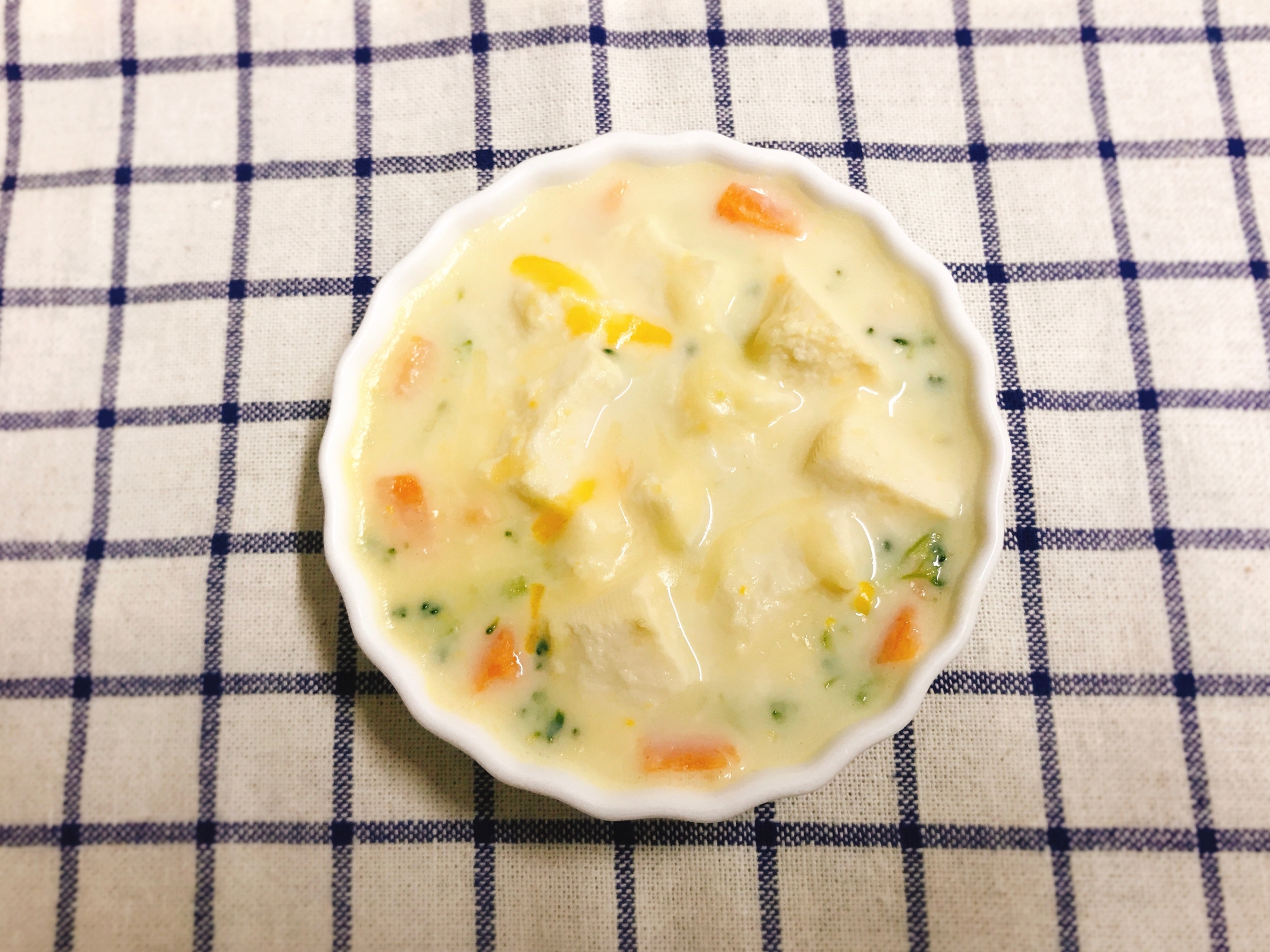 【離乳食後期】コーンスープと木綿豆腐のチーズ焼き