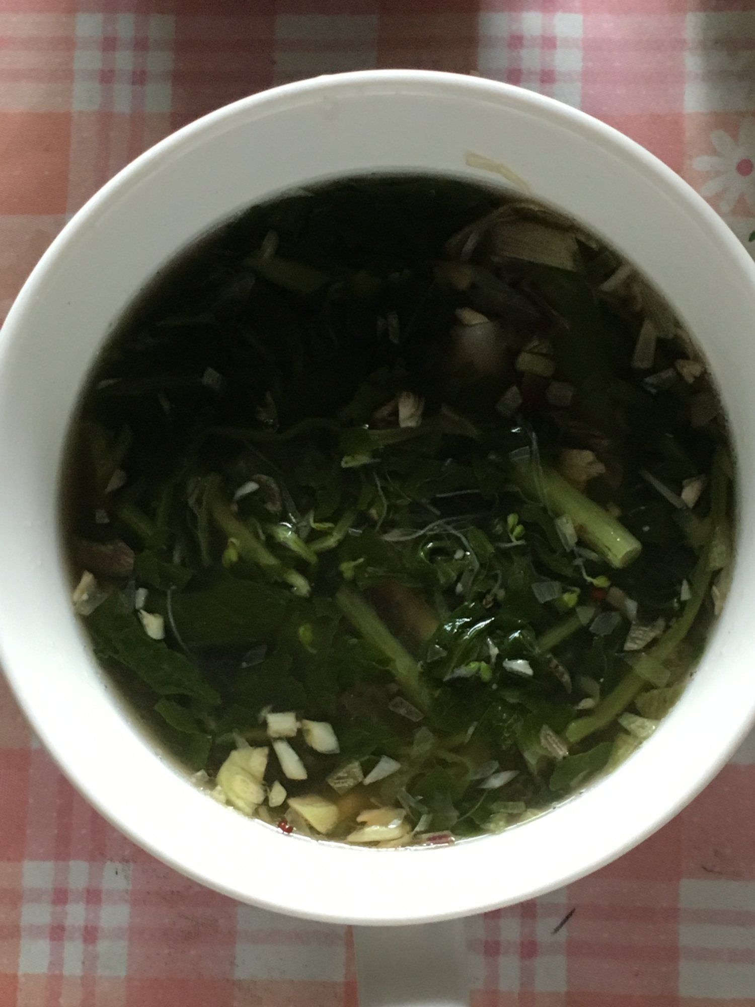 葉大根、ブロッコリースプラウト、椎茸粉のスープ