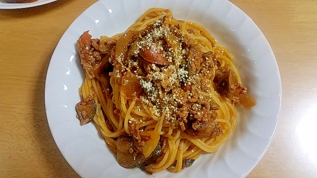 残ったミネストローネで☆トマト茄子ミートパスタ