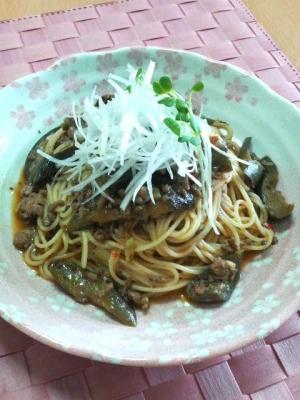 挽き肉となすの麻婆風パスタ