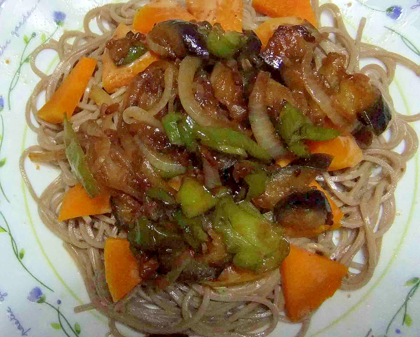 茄子と唐辛子の蕎麦サラダ