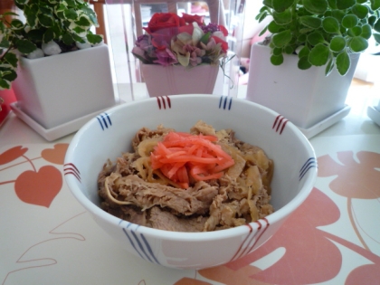 ぷ～みぃままさん、おはようございます♪
焼き肉のたれで牛丼、美味しくて大好評でした～♪
これならいつでも簡単に牛丼が作れますね♪
紅生姜たっぷりのせました^^