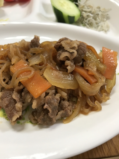 牛肉と糸こんにゃくのスキヤキ風炒め